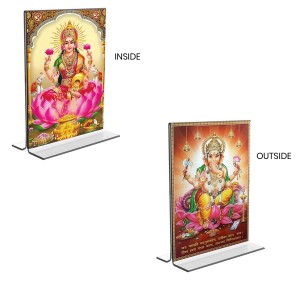 Car Desk/Table Top Maa Lakshmi & Sri Ganesh Acrylic T-Style Photo Stand - 2.5x3.5 Inches, Compact and Stylish Spiritual Display, easily change 2 photos (Pack of 1)