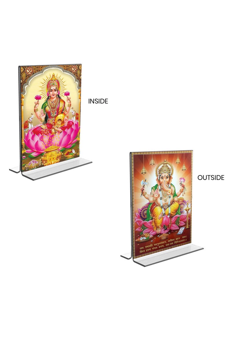 Car Desk/Table Top Maa Lakshmi & Sri Ganesh Acrylic T-Style Photo Stand - 2.5x3.5 Inches, Compact and Stylish Spiritual Display, easily change 2 photos (Pack of 1)