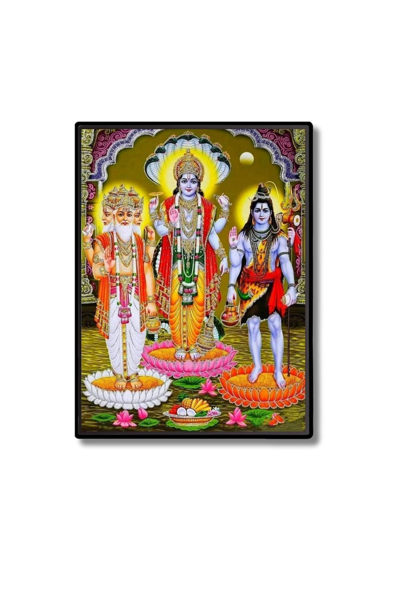 Brahma Vishnu & Lord Shiva Laminated Photo (7x9 Inches Without glass) Divine Blessings for Table and Walls,Home & Office and Temple Decoration
