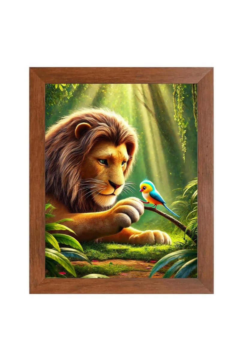 AI Funny Lion with bird Art Picture for Kids - 12x16 inches, Brown Color - Perfect Wall Decor for Children's Room
