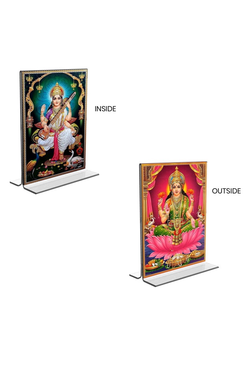 Debi Saraswati & Debi Lakhsmi Acrylic T-Style Photo Stand - 11x13 Inches, Compact and Stylish Spiritual Display, easily change 2 photos (Pack of 1)