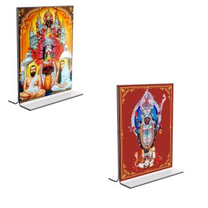 Car Desk/Table Top Maa Kali & Dakshineswar Kali Acrylic T-Style Photo Stand - 2.5x3.5 Inches, Compact and Stylish Spiritual Display, easily change 2 photos (Pack of 1)