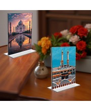 Taj Mahal & Mecca Madina Acrylic T-Style Photo Stand - 5x7 Inches, Compact and Stylish Spiritual Display, easily change 2 photos (Pack of 1)