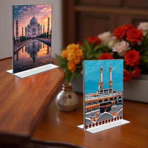 Taj Mahal & Mecca Madina Acrylic T-Style Photo Stand, Compact and Stylish Spiritual Display, easily change 2 photos (Pack of 1)