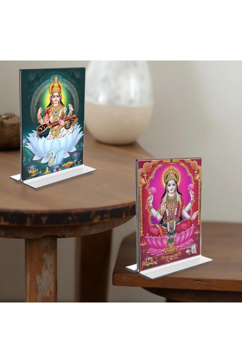 Debi Saraswati & Debi Lakshmi Acrylic T-Style Photo Stand - 9x11 Inches, Compact and Stylish Spiritual Display, easily change 2 photos (Pack of 1)