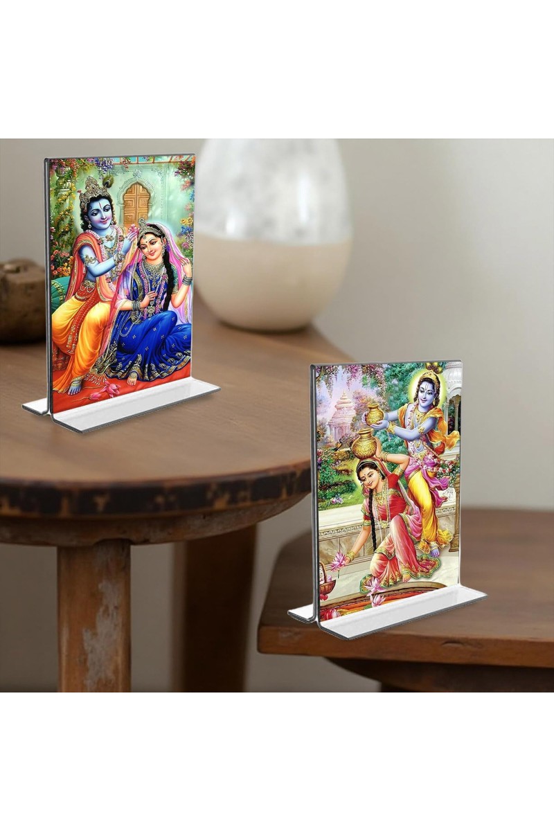 Sri Radha Sri Krishna Acrylic T-Style Photo Stand, Compact and Stylish Spiritual Display, easily change 2 photos (Pack of 1)