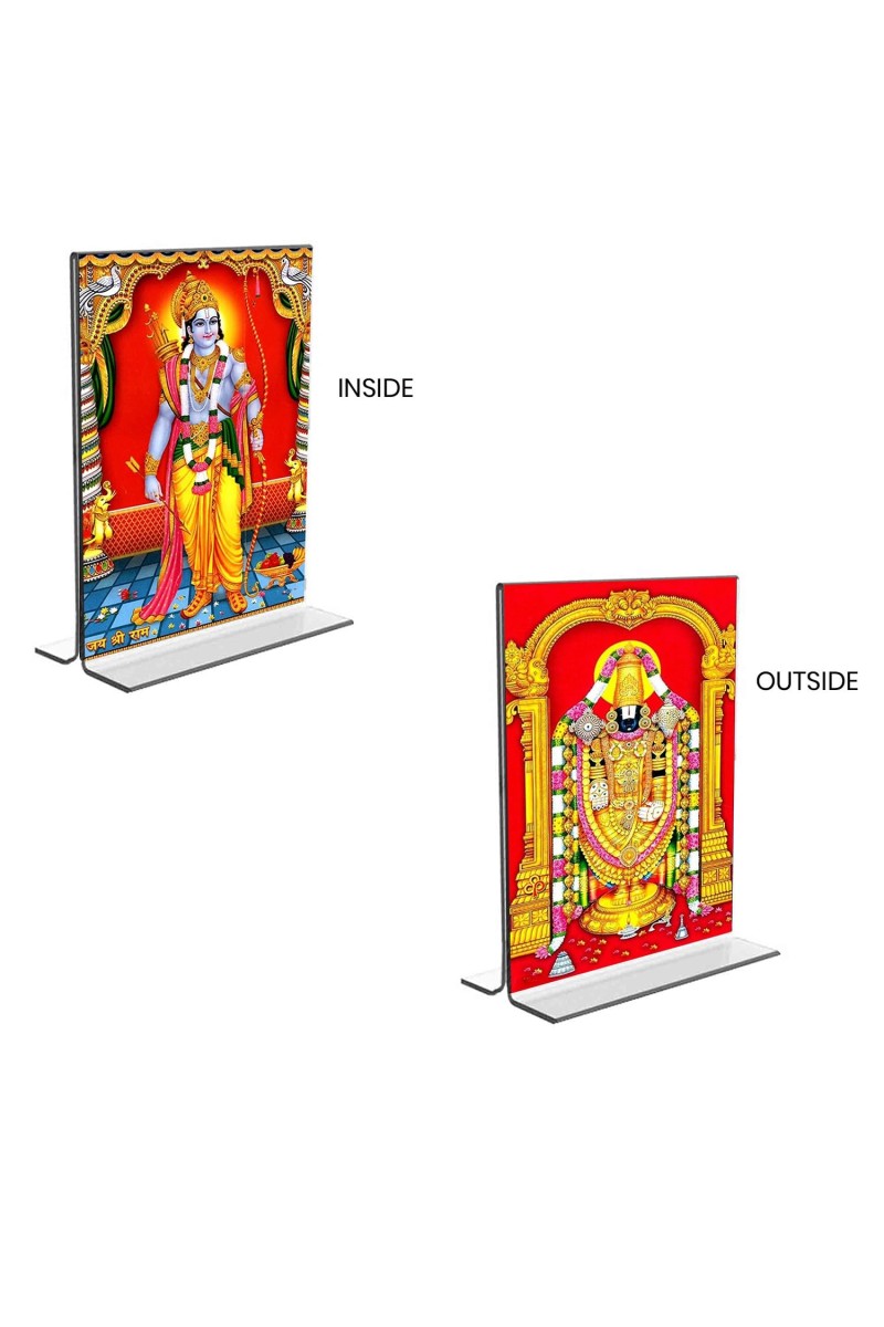 Sri Ram & Lord Tirupati Balaji Acrylic T-Style Photo Stand - 5x7 Inches, Compact and Stylish Spiritual Display, easily change 2 photos (Pack of 1)