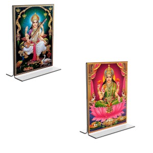Car Desk/Table Top Maa Saraswati & Maa Lakhsmi Acrylic T-Style Photo Stand - 2.5x3.5 Inches, Compact and Stylish Spiritual Display, easily change 2 photos (Pack of 1) Car Desk/Table Top Maa Saraswati & Maa Lakhsmi Acrylic T-Style Photo Stand - 2.5x3.5 Inches, Compact and Stylish Spiritual Display, easily change 2 photos (Pack of 1)