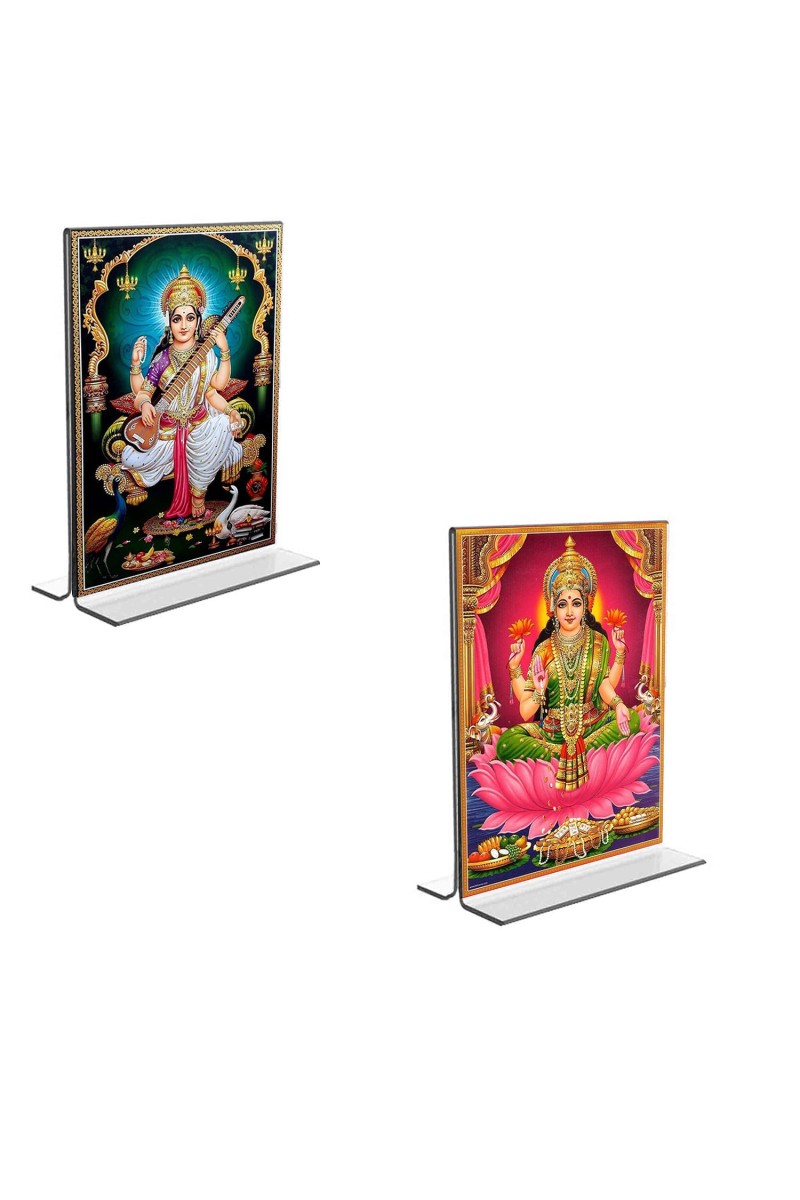 Car Desk/Table Top Maa Saraswati & Maa Lakhsmi Acrylic T-Style Photo Stand - 2.5x3.5 Inches, Compact and Stylish Spiritual Display, easily change 2 photos (Pack of 1)