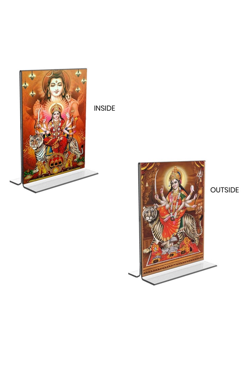 Lord Shiva & Lord Durga Acrylic T-Style Photo Stand - 9x11 Inches, Compact and Stylish Spiritual Display, easily change 2 photos (Pack of 1)