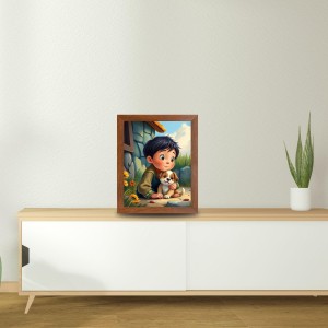 AI Funny Boy with Cute Dog Art Picture for Kids - 12x16 inches, Brown Color - Perfect Wall Decor for Children's Room