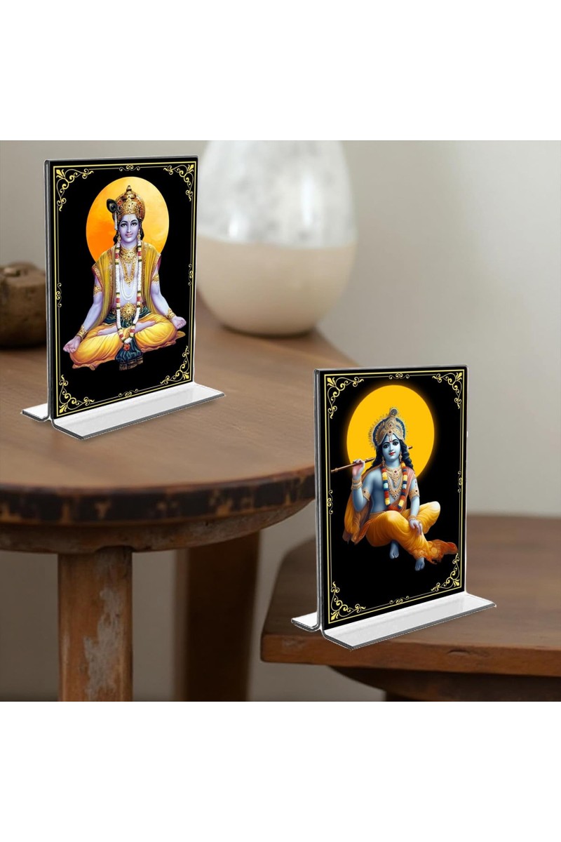 Lord Krishna Acrylic T-Style Photo Stand - 11x13 Inches, Compact and Stylish Spiritual Display, easily change 2 photos (Pack of 1)