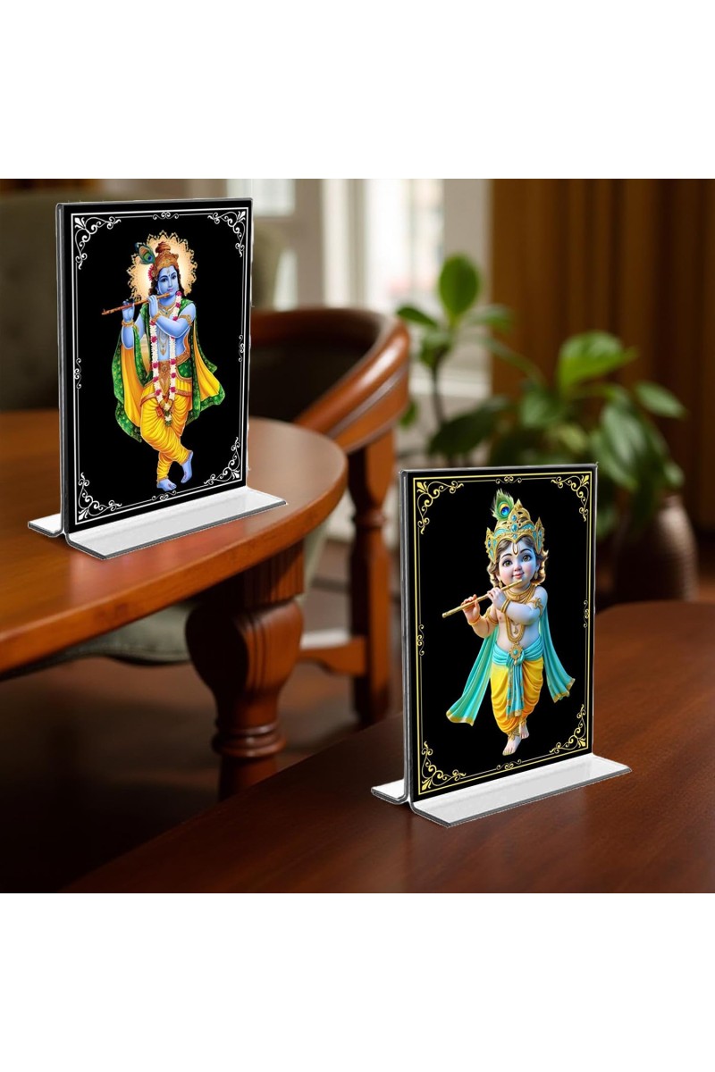 Sri Krishna Acrylic T-Style Photo Stand, Compact and Stylish Spiritual Display, easily change 2 photos (Pack of 1)