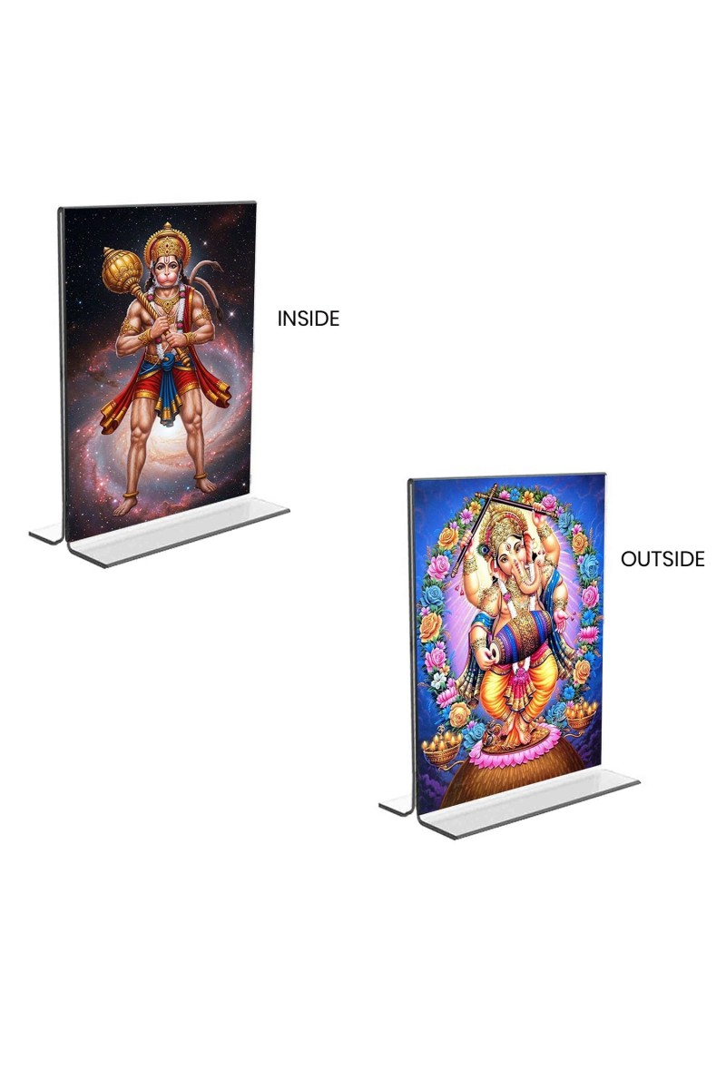 Sri Hanuman & Lord Ganesh Acrylic T-Style Photo Stand - 5x7 Inches, Compact and Stylish Spiritual Display, easily change 2 photos (Pack of 1)