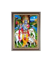 Sri Krishna With cow Photo Frame - 10x14 Inches, Brown Wooden Frame for Home, Office & Temple Decoration