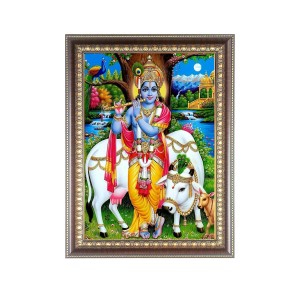 Sri Krishna With cow Photo Frame - 10x14 Inches, Brown Wooden Frame for Home, Office & Temple Decoration