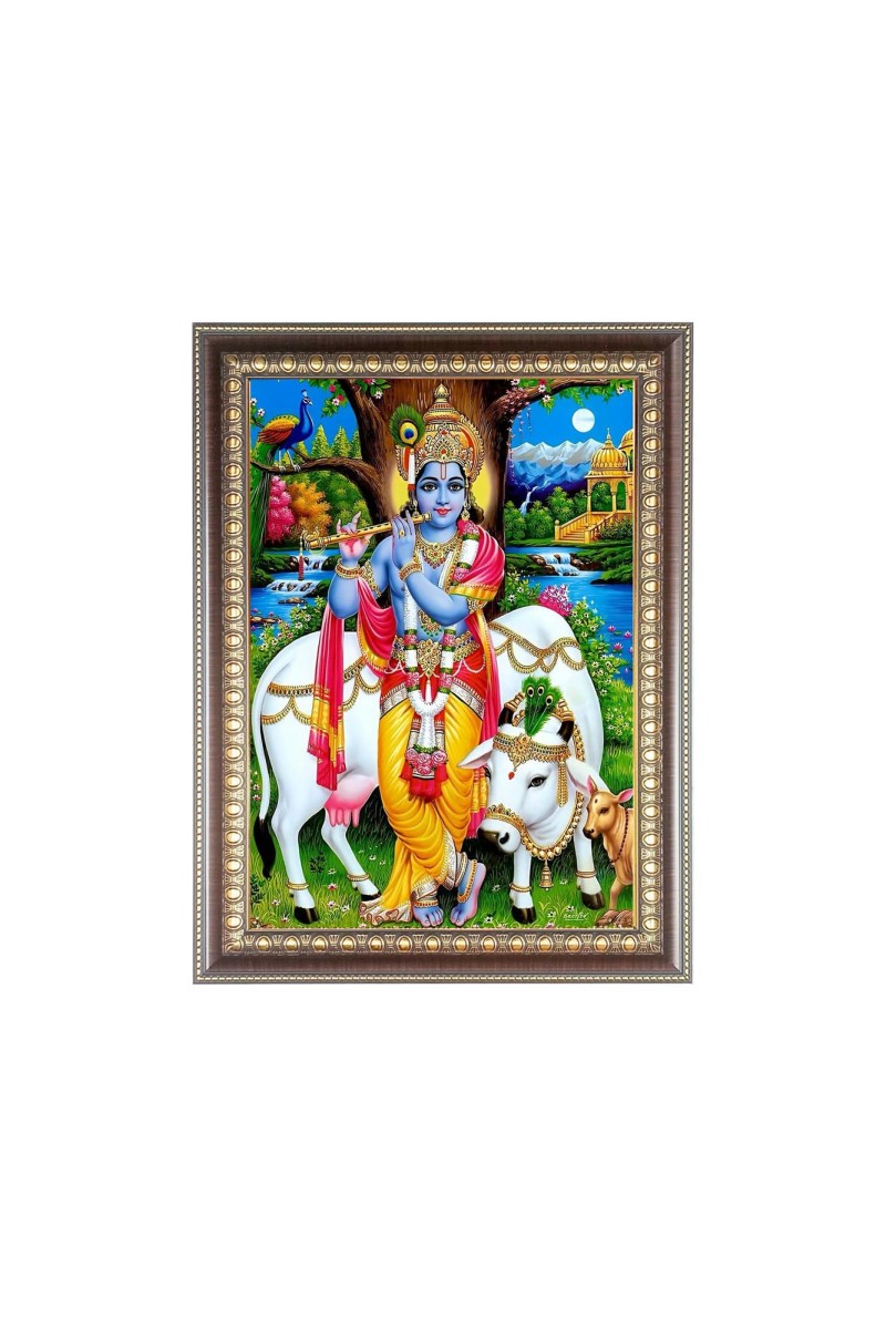 Sri Krishna With cow Photo Frame - 12x16 Inches, Brown Wooden Frame for Home, Office & Temple Decoration