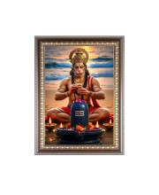 Sri Hanuman ji with Lord Shiva Lingam Photo Frame - 10x14 Inches, Brown Wooden Frame for Home, Office & Temple Decoration