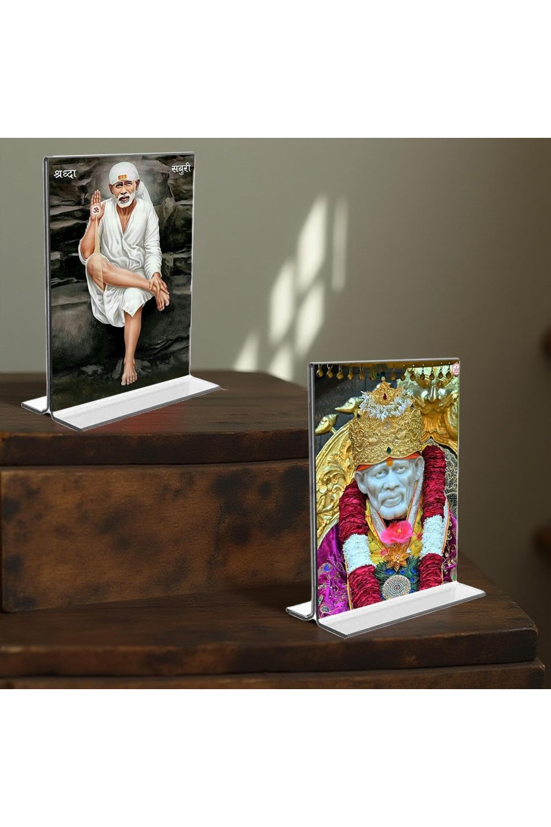 Sai Baba Acrylic T-Style Photo Stand - 7x9 Inches, Compact and Stylish Spiritual Display, easily change 2 photos (Pack of 1)