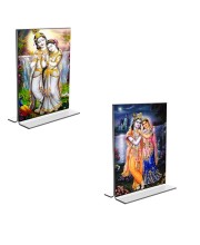 Car Desk/Table Top Sri Radha Sri Krishna Acrylic T-Style Photo Stand - 2.5x3.5 Inches, Compact and Stylish Spiritual Display, easily change 2 photos (Pack of 1)