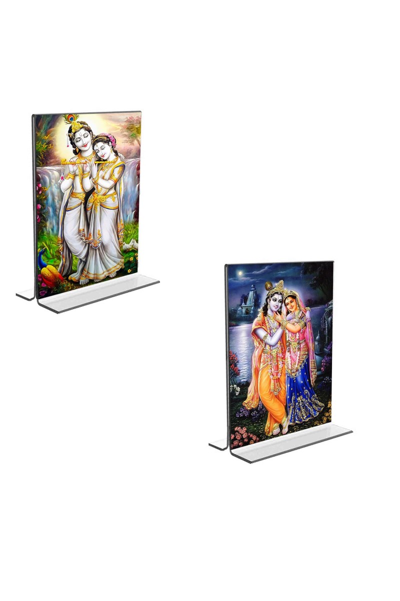 Car Desk/Table Top Sri Radha Sri Krishna Acrylic T-Style Photo Stand - 2.5x3.5 Inches, Compact and Stylish Spiritual Display, easily change 2 photos (Pack of 1)