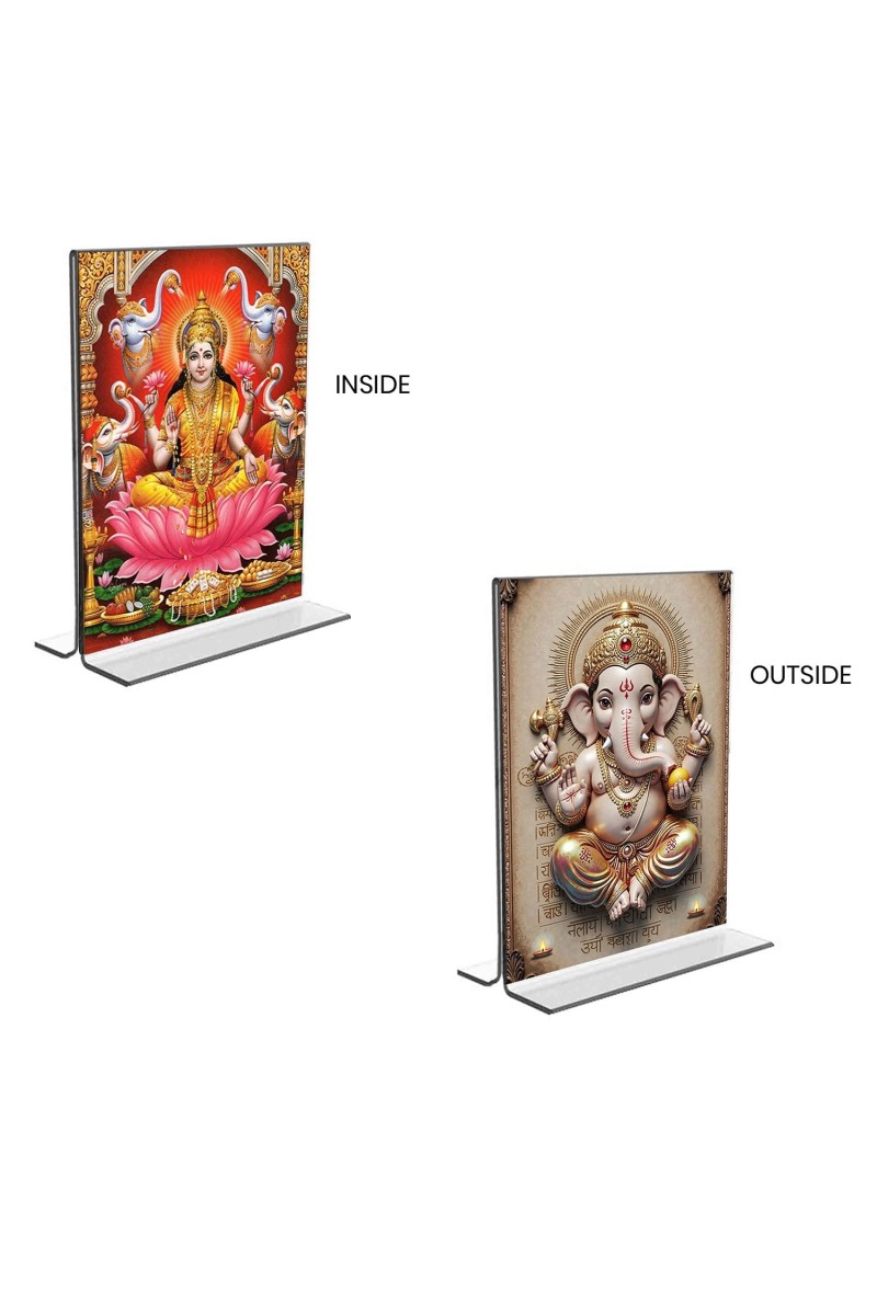Debi Lakshmi & Sri Ganesh Acrylic T-Style Photo Stand, Compact and Stylish Spiritual Display, easily change 2 photos (Pack of 1)