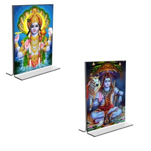 Car Desk/Table Top Lord Narayan & Lord Shiva Acrylic T-Style Photo Stand - 2.5x3.5 Inches, Compact and Stylish Spiritual Display, easily change 2 photos (Pack of 1)