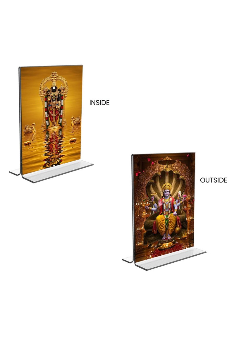 Lord Tirupati Balaji & Lord Vishnu Acrylic T-Style Photo Stand - 11x13 Inches, Compact and Stylish Spiritual Display, easily change 2 photos (Pack of 1)