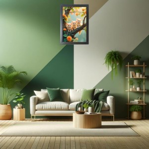 The three cute cats are sitting on the branch Black Photo Frame Funny Animal and Bird Cartoon Art The three cute cats are sitting on the branch Black Photo Frame Funny Animal and Bird Cartoon Art