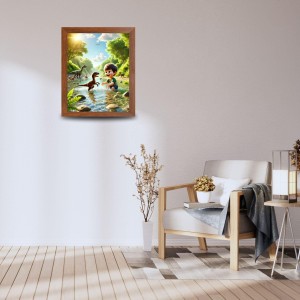 AI Funny cute baby boy with dinosaurs Art Picture for Kids - 10x14 inches, Brown Color - Perfect Wall Decor for Children's Room