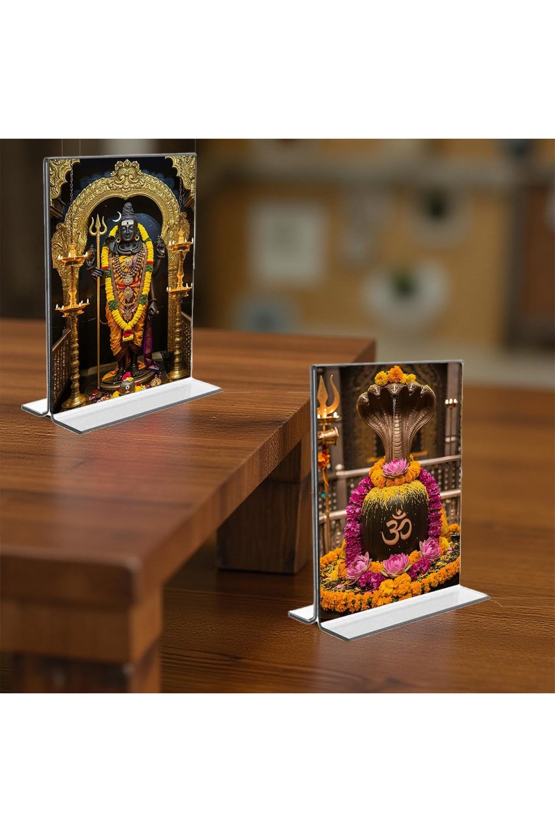 Lord Shiva & Shiva Lingam Acrylic T-Style Photo Stand, Compact and Stylish Spiritual Display, easily change 2 photos (Pack of 1)