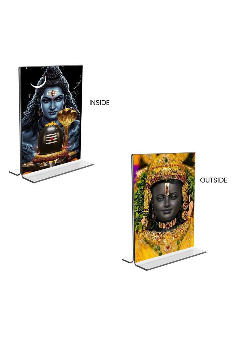Lord Shiva & Ram Lala Acrylic T-Style Photo Stand, Compact and Stylish Spiritual Display, easily change 2 photos (Pack of 1)