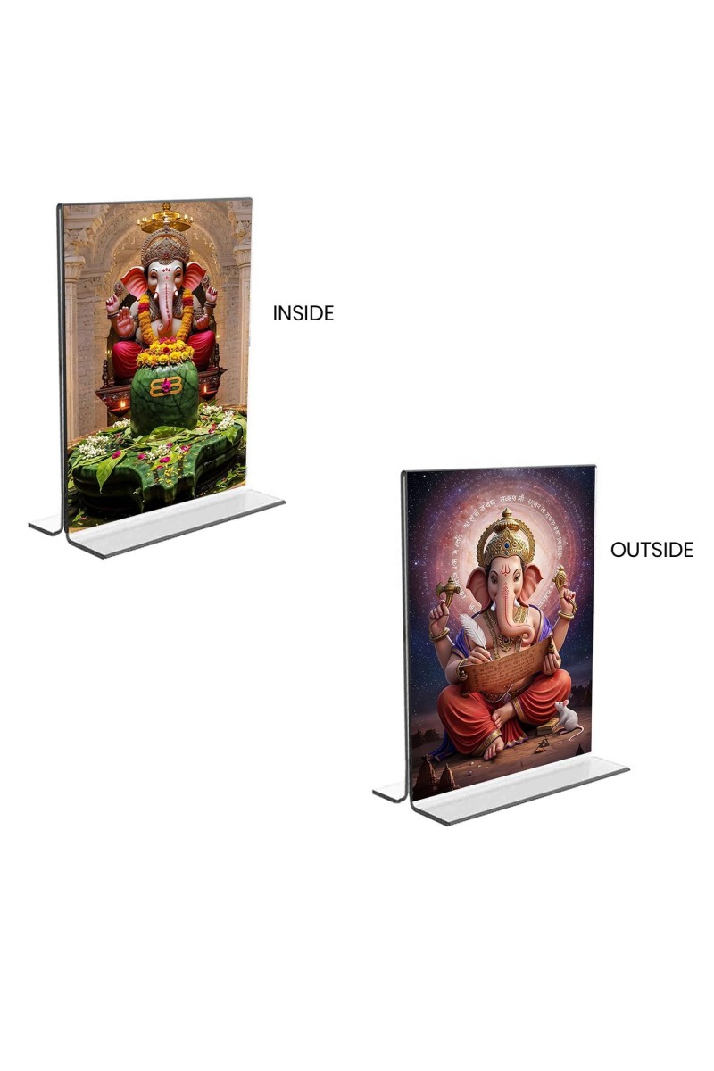 Sri Ganesh Acrylic T-Style Photo Stand, Compact and Stylish Spiritual Display, easily change 2 photos (Pack of 1)