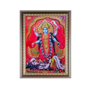 Maa Kali Photo Frame - 16x20 Inches, Brown Wooden Frame for Home, Office & Temple Decoration