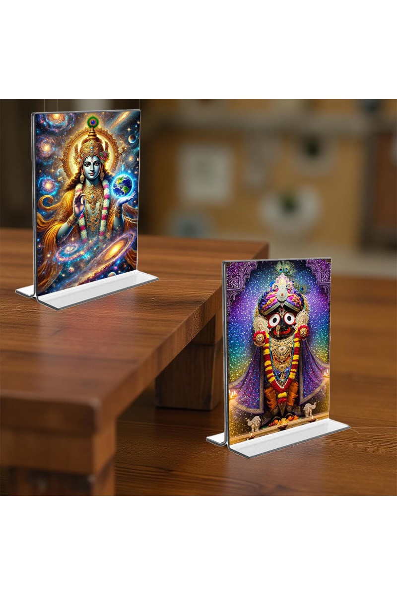 Lord Vishnu & Lord Jagannath Acrylic T-Style Photo Stand, Compact and Stylish Spiritual Display, easily change 2 photos (Pack of 1)
