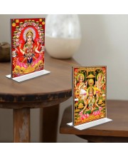 Debi Lakhsmi Sri Ganesh Debi Saraswati Acrylic T-Style Photo Stand - 9x11 Inches, Compact and Stylish Spiritual Display, easily change 2 photos (Pack of 1)