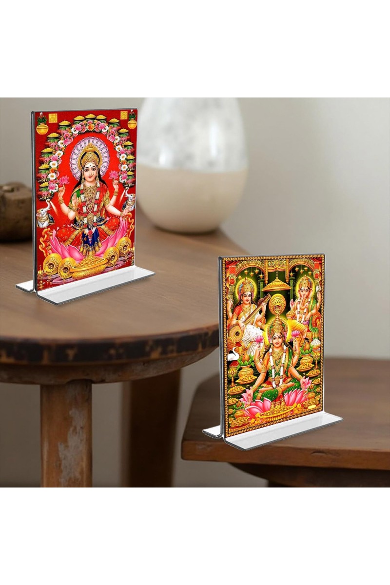 Debi Lakhsmi Sri Ganesh Debi Saraswati Acrylic T-Style Photo Stand - 9x11 Inches, Compact and Stylish Spiritual Display, easily change 2 photos (Pack of 1)