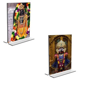 Car Desk/Table Top Lord Ram Lalla & Lord Jagannath Acrylic T-Style Photo Stand - 2.5x3.5 Inches, Compact and Stylish Spiritual Display, easily change 2 photos (Pack of 1)