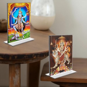 Car Desk/Table Top Maa Kali & Maa Durga Acrylic T-Style Photo Stand - 2.5x3.5 Inches, Compact and Stylish Spiritual Display, easily change 2 photos (Pack of 1)