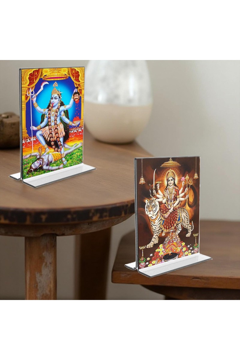 Debi Kali & Debi Durga Acrylic T-Style Photo Stand - 5x7 Inches, Compact and Stylish Spiritual Display, easily change 2 photos (Pack of 1)