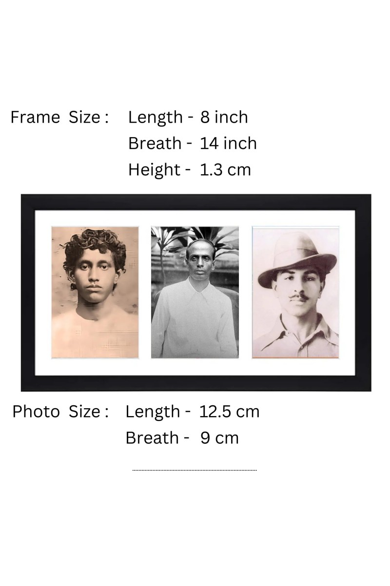Biplabi Khudiram Bose, Master Da Surya Sen and Sahid Bhagat Singh three black and white Photos in One Frame | (Wall and Tabletop, Printed Photo, 8 x 14 inches Frame, Black)