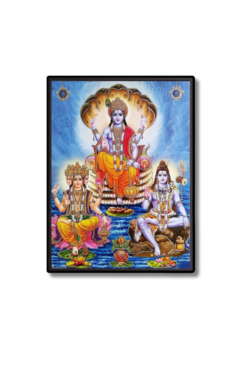 Brahma Vishnu & Shiva Laminated Photo - 11x13 Inches, Divine Blessings for Home & Office and Temple Decoration