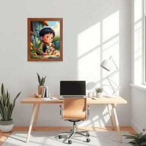 AI Funny Boy with Cute Dog Art Picture for Kids - 12x16 inches, Brown Color - Perfect Wall Decor for Children's Room