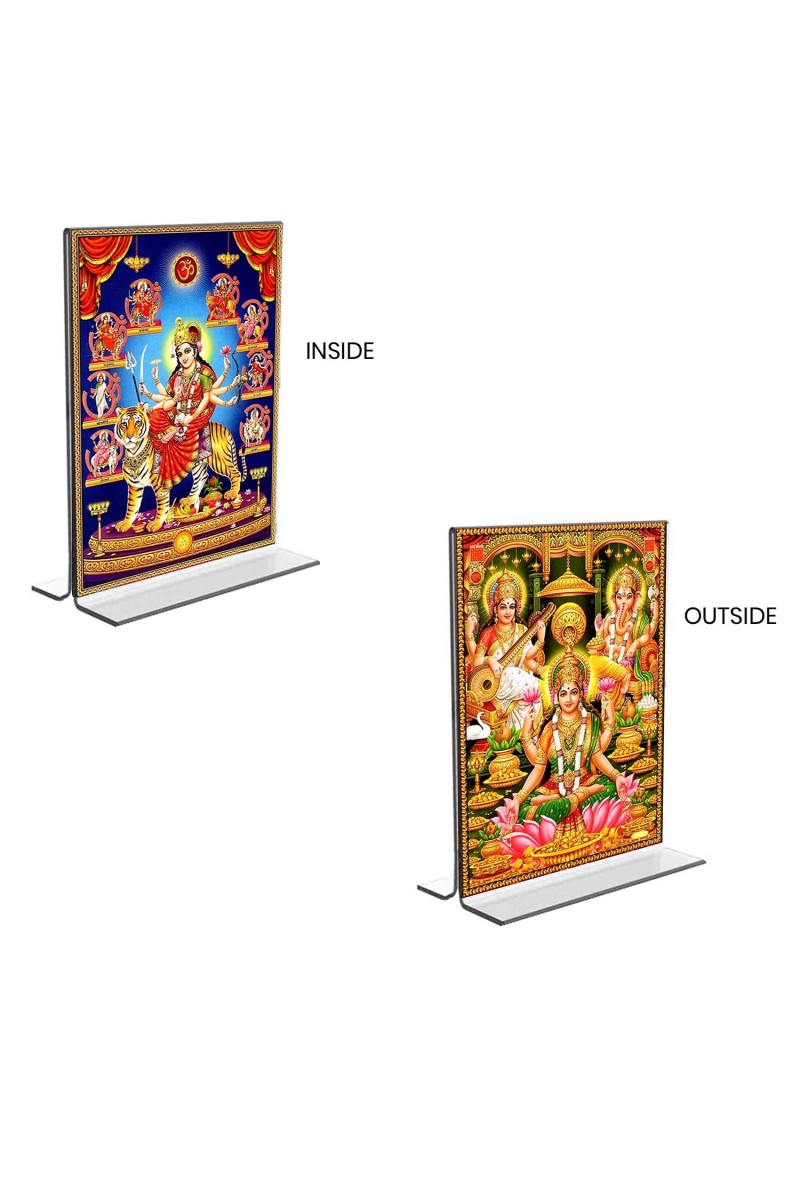 Car Desk/Table Top Maa Nava Durga & Maa Lakshmi Sri Ganesh Maa Saraswati Acrylic T-Style Photo Stand - 2.5x3.5 Inches, Compact and Stylish Spiritual Display, easily change 2 photos (Pack of 1)