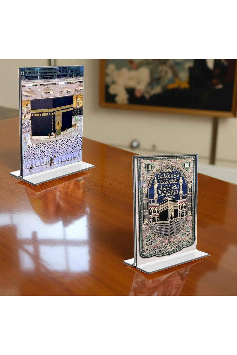 Islamic Allah & Mecca Madina Acrylic T-Style Photo Stand, Compact and Stylish Spiritual Display, easily change 2 photos (Pack of 1)