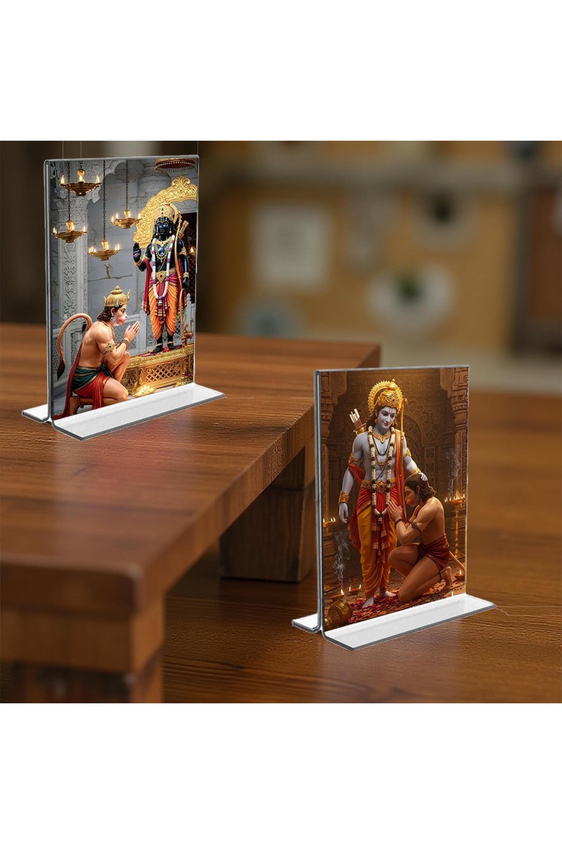 Sri Hanuman & Sri Ram Acrylic T-Style Photo Stand - 5x7 Inches, Compact and Stylish Spiritual Display, easily change 2 photos (Pack of 1)