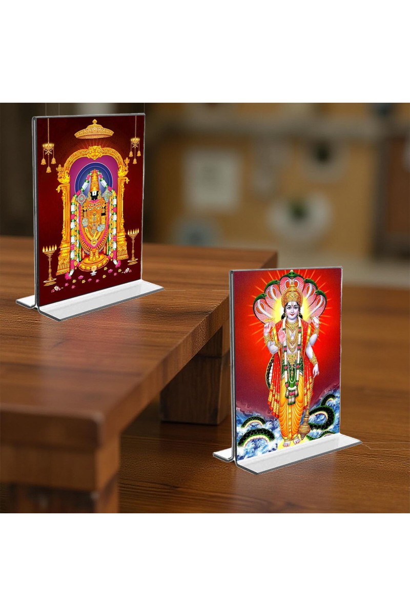 Lord Tirupati Balaji & Lord Vishnu Acrylic T-Style Photo Stand - 7x9 Inches, Compact and Stylish Spiritual Display, easily change 2 photos (Pack of 1)