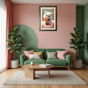 The cute little cat is holding flowers Black Photo Frame Funny Animal and Bird Cartoon Art