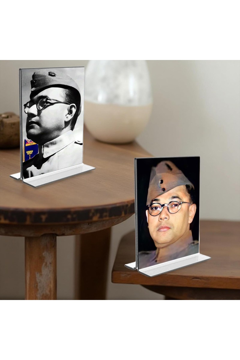 Netaji Subhas Chandra Bose Acrylic T-Style Photo Stand, Compact and Stylish Spiritual Display, easily change 2 photos (Pack of 1)
