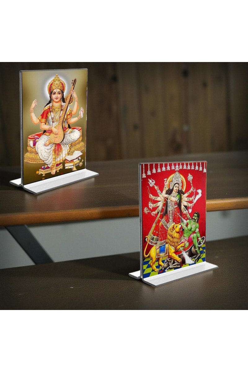 Debi Saraswati & Debi Lakhsmi Acrylic T-Style Photo Stand - 11x13 Inches, Compact and Stylish Spiritual Display, easily change 2 photos (Pack of 1)